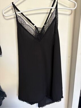 Black Lace-Trim Chemise Slip with V-Neck